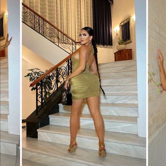 Olive slinky cross strap ruched mini dress - Picture 5 of 8